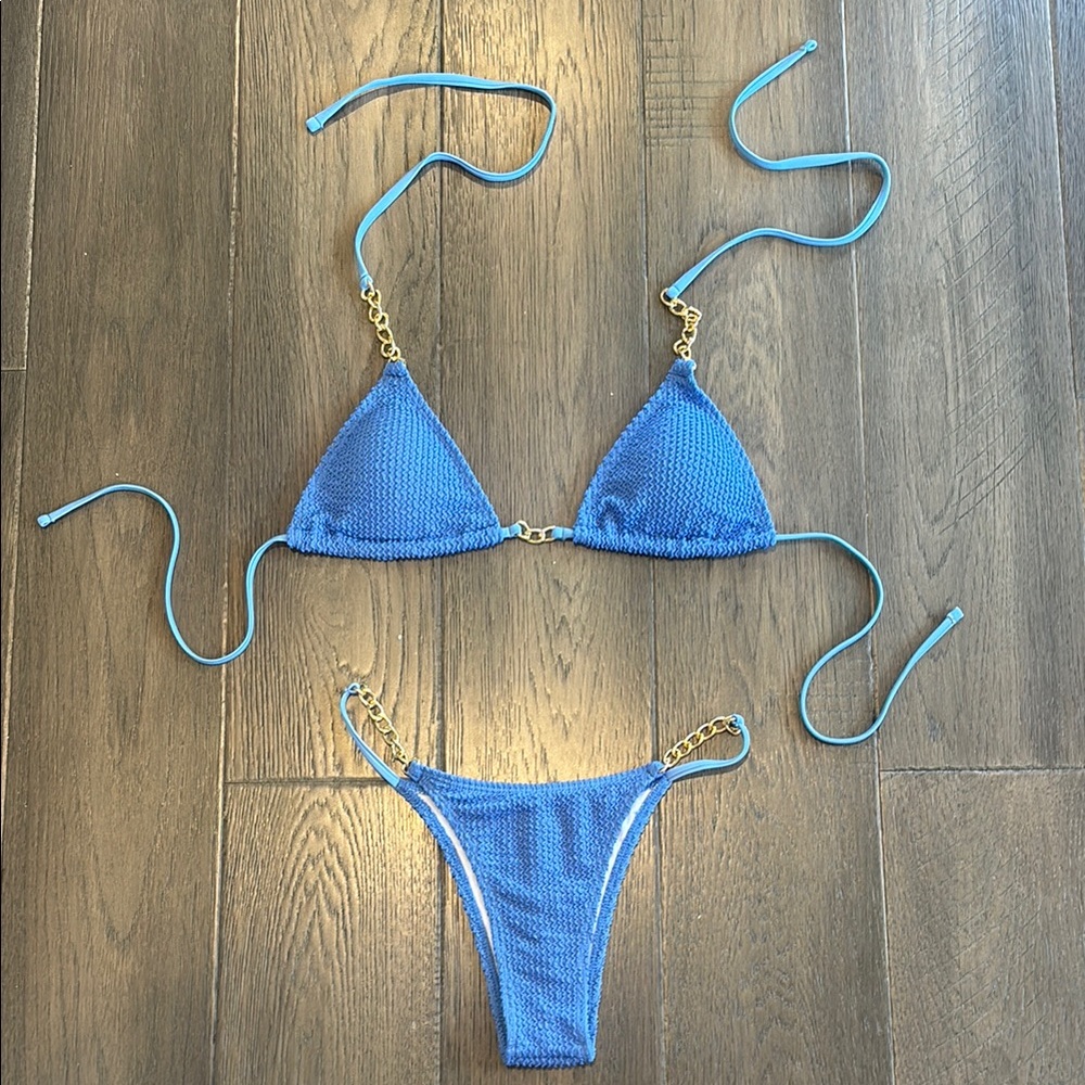 Blue Bikini With Gold Chain Accents